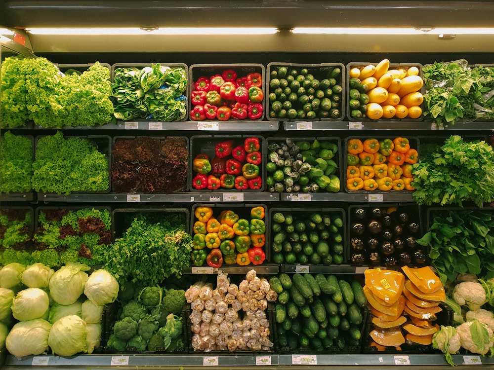 A colourful display of fresh vegetables at a market